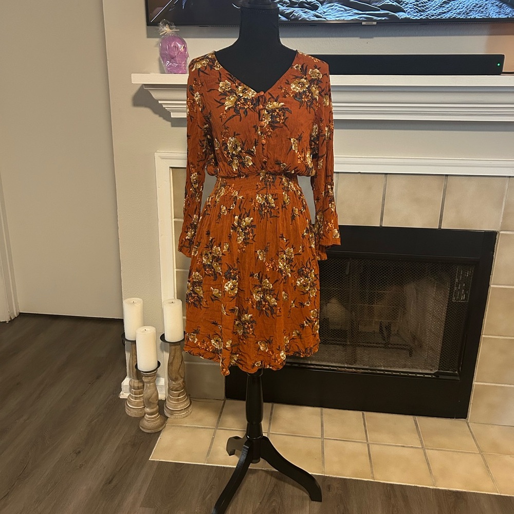 Spring Dress Rust Floral Long Sleeve Dress